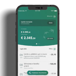Smartphone con schermata dei movimenti di conto corrente in app